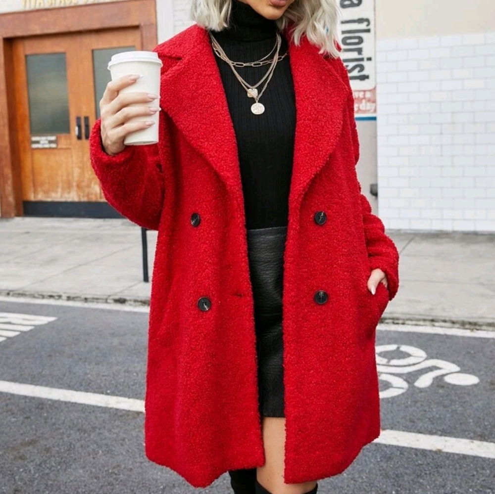 Red Faux fur teddy pea coat contemporary - Picture 5 of 10